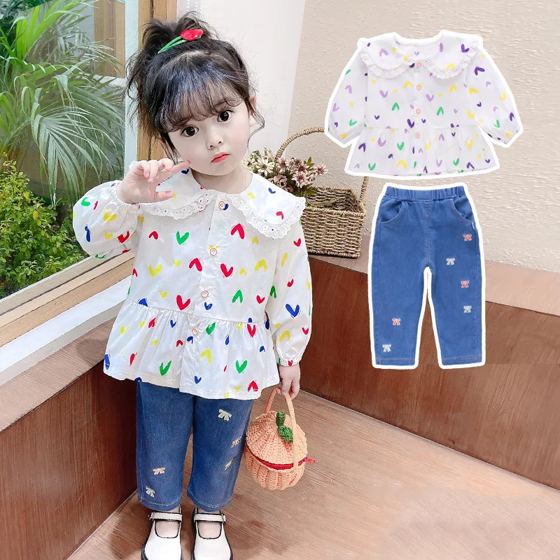 

2023 Korean Spring Girl 2PCS Clothing Set Cotton Long Sleeve Printed Shirt Embroidered Jeans Pants Suit Baby Girls Clothes Set