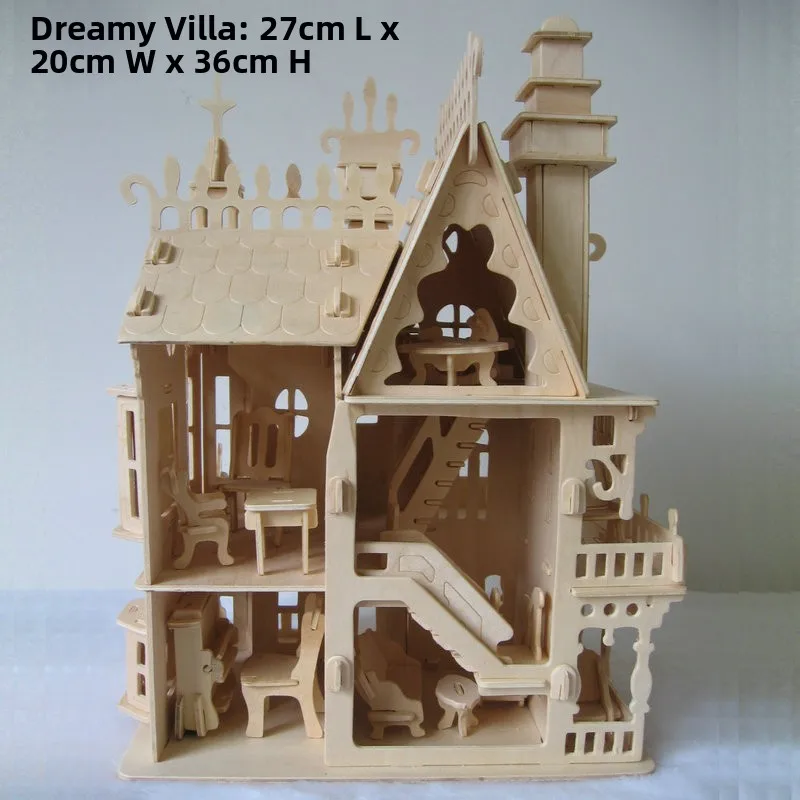 Wooden 3D Simulation Model Villa House DIY ature Playhouse Assembly Toy Eonal Pretend Play Dollhouse Furniture