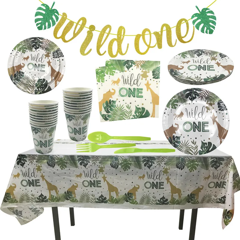 Jungle Safari Animal Disposable Tableware Wild One Paper Plates Cups