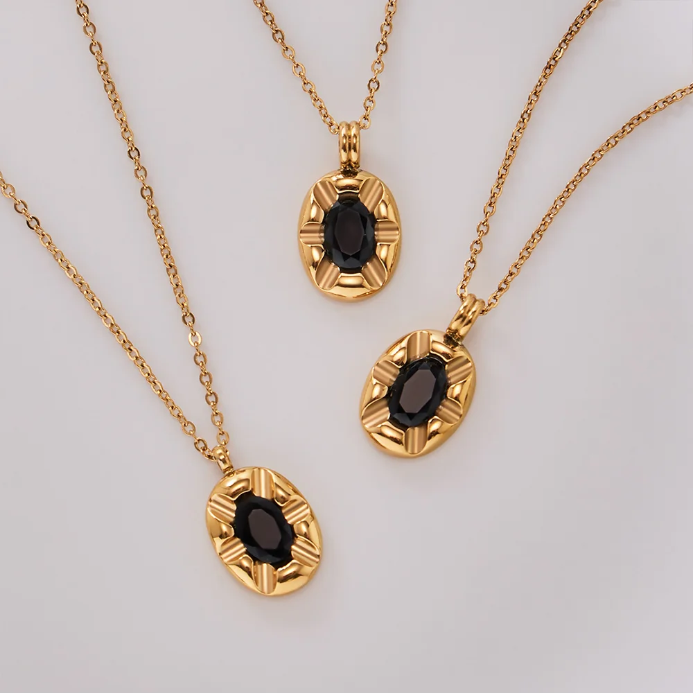 Edelstahl 18K Vergoldete Kette Halskette Für Frauen Mit Schwarzem Zirkon Oval Anhänger Halskette Femme Exquisite Schmuck Geschenk