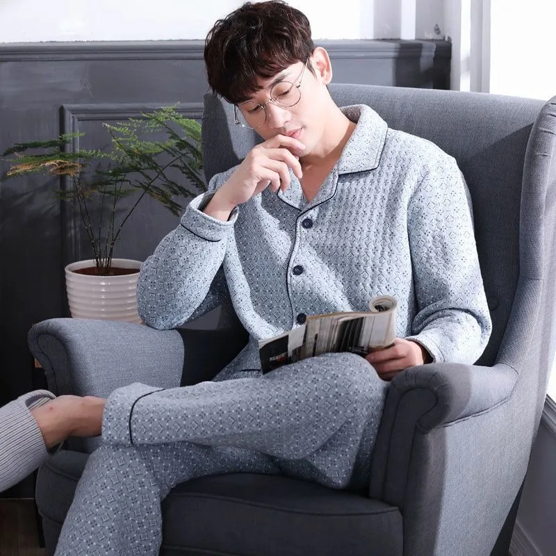 2024 New Pajamas Men Padded Cotton Long-sleeved Trousers Homewear Autumn Winter Plus Size Loungewear Thin Cotton Clip Sleepwear new autumn winter mens cotton padded jackets men