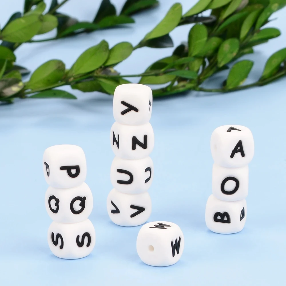 LOFCA 40PCS/Lot Alphabet 12mm Food Grade Letter Silicone Beads Baby Bead Pacifier Chain BPA Free  for Name Make DIY Necklace 6