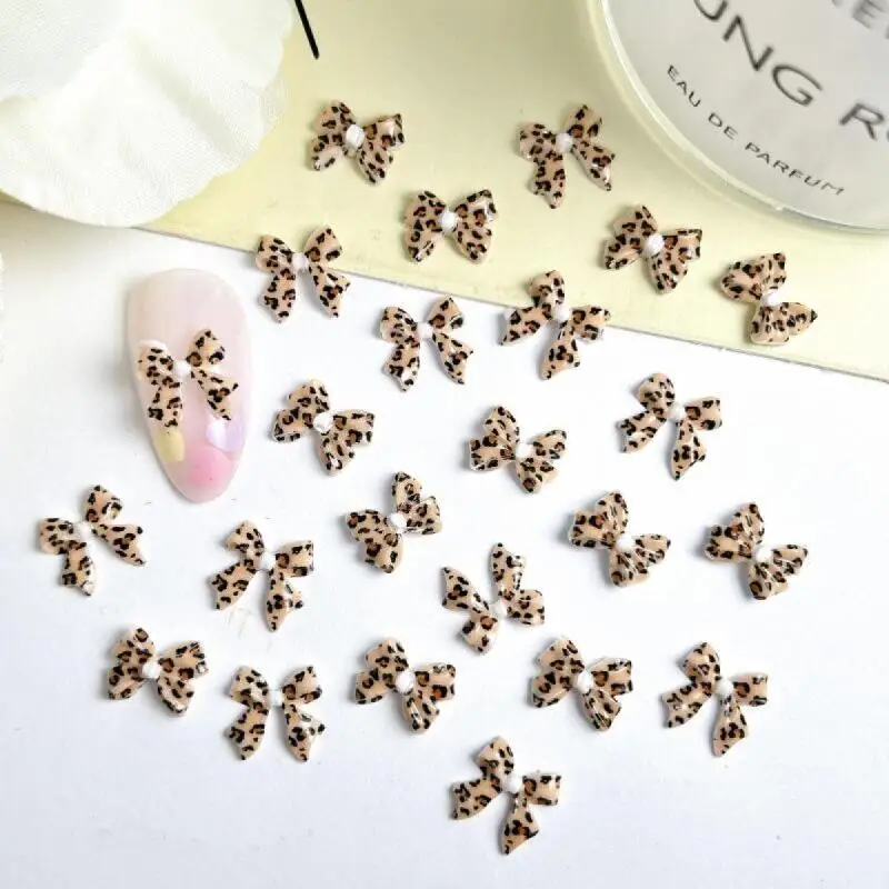 20Pcs New Maillard Color Ribbon Bow Nail Art Accessories Classic Leopard Print Tie Resin Nail Charms DIY Clips Nails Decorations 3