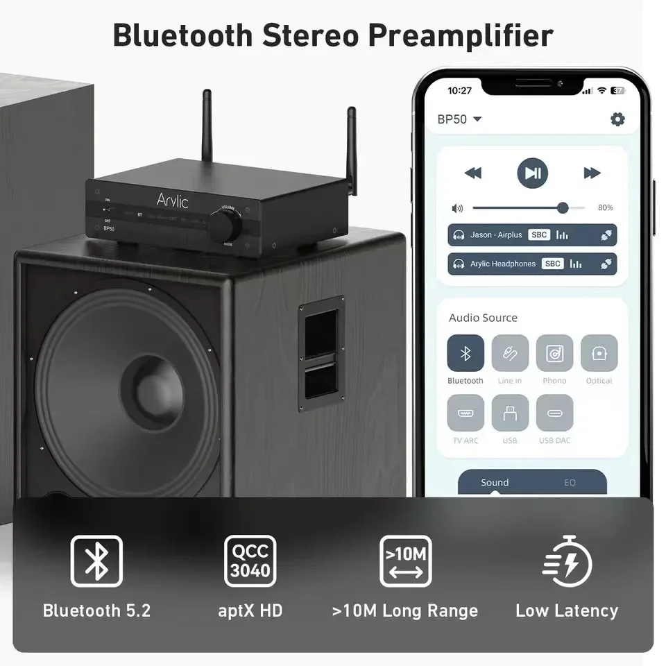 Arylic BP50 Bluetooth Stereo aptx HD Audio Preamplifier Receiver 2.1 Channel Mini Class D Integrated Amp for Home Speakers bluetooth adapter bluetooth audio receiver bluetooth transceiver adapter audio adapter