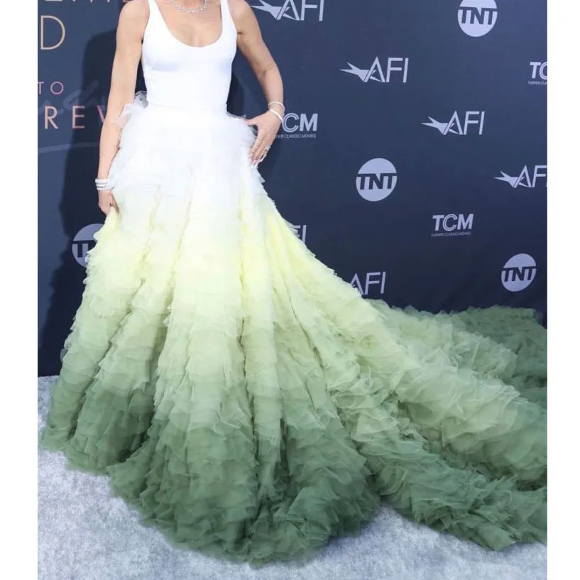 

Ombre Colorful Tulle Women Maxi Skirt Tiered Ruffle Puff Long Prom Party Skirt with Long Train Elegant Multi Color Wedding Skirt