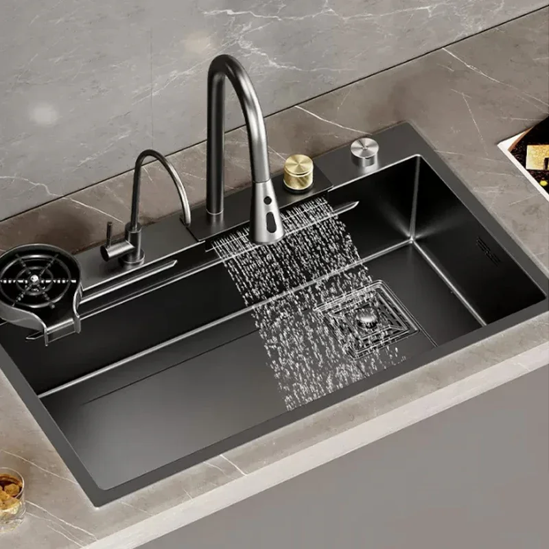 

Flying waterfall sink super large single sink Nano 304 stainless steel kitchen household dish basin with manual sink black