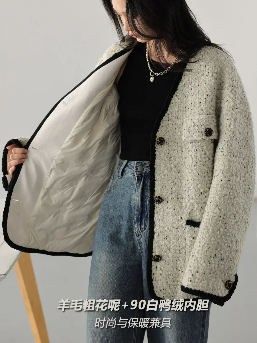 CHIC VEN Women's Woolen Coat Heavy Industry Down Jacket Vintage V-Neck Woman Down Coat Female Tops Autumn Winter 2024 3
