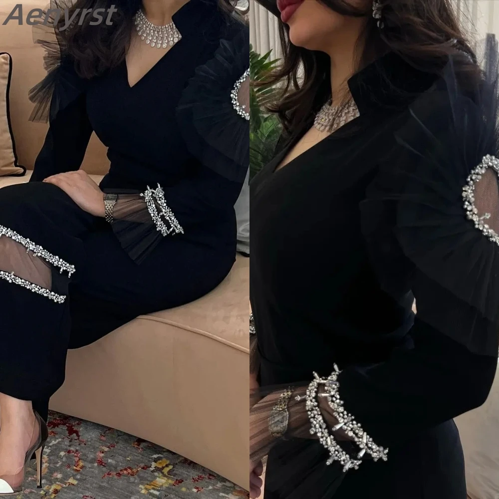 

Aenyrst Elegant Black Prom Dresses V Neck Beaded Ruffles Tulle Decoration Party Evening Dress Ankle-Length Special Formal Gowns