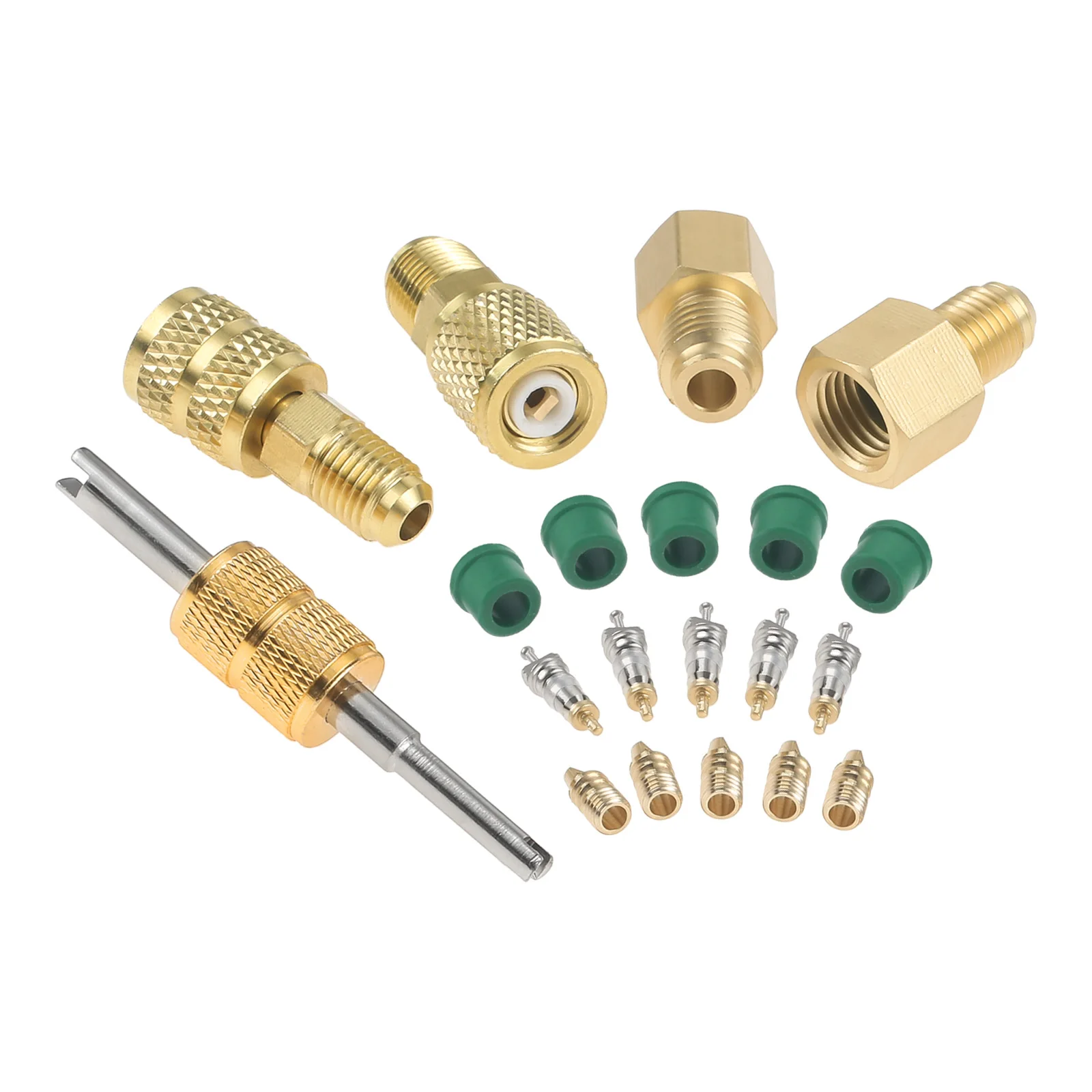Valve Core Remover 20pcs/set Mini Split R410A R134A Adapters 5/16" 1/4" SAE Plug 1/2" Acme Male To Female Brass Fitting Kit with Valve Core Remover valve core remover