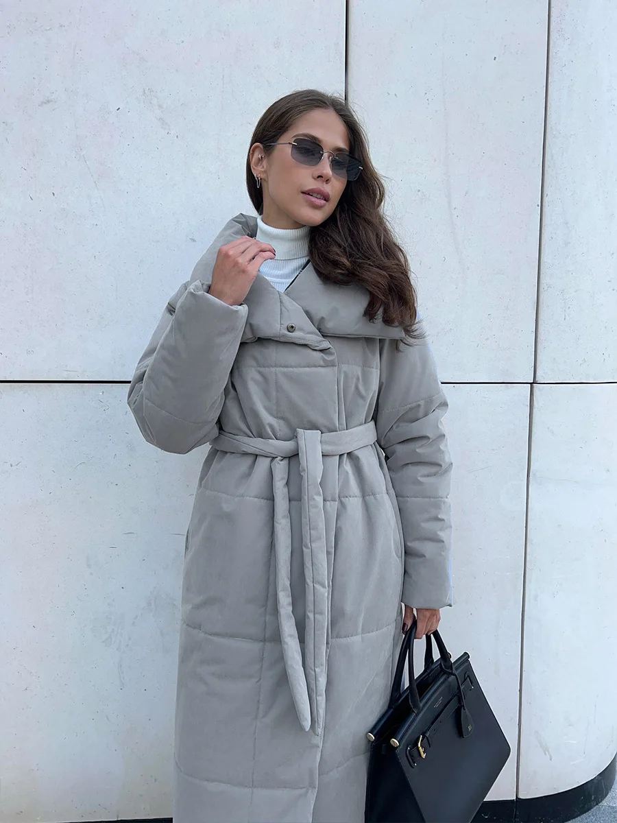 Winter Female Parkas Outwear Loose Lace-Up High Waist Long Sleeve Pocket Lapel Bandage Coat For Women Solid Parkas