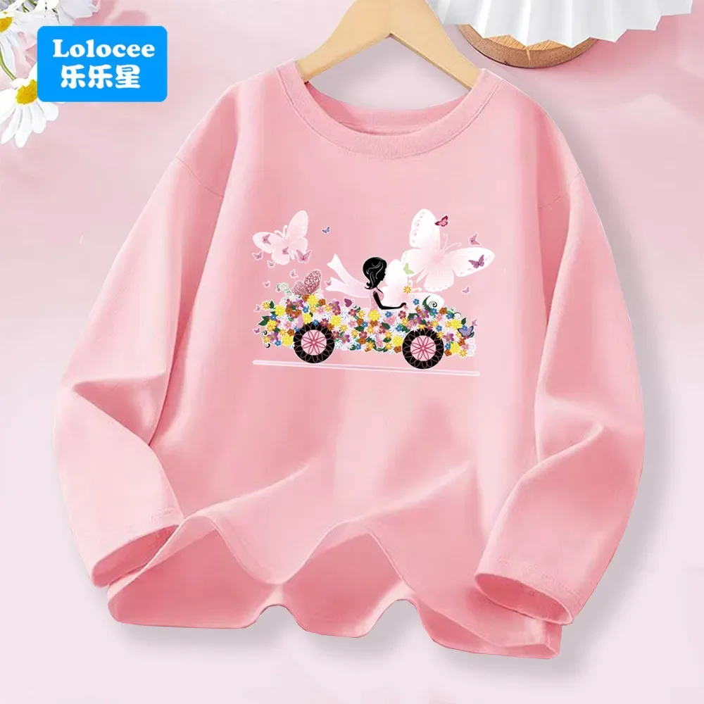 Pink Flower Butterfly Graphic Long Sleeve Girls' Fashion Tee