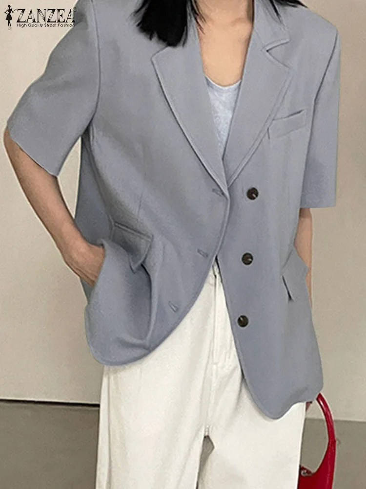 

ZANZEA Elegant Notched Collar Leisure Suit Jackets Women Fashion Short Sleeve Solid Color Casual Blazer Office Lady Button Suits