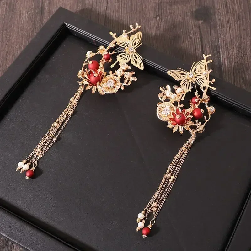 Antique Hanfu Headwear Gorgeous Set Of Phoenix Crown Red Step Shake Wedding Bridal Hair Accessories Show Small Face Hair Fork