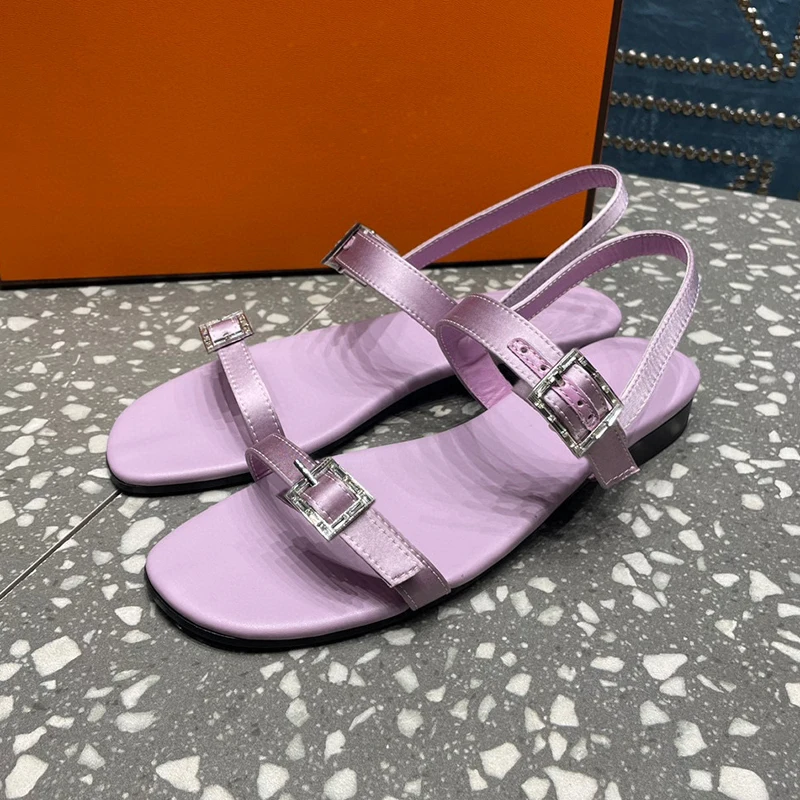 

High-Quality Female Sandal Summer Buckle Strap Design Round Toe Sandals One Strap Upper Satin Material Women Shoes 2024 New