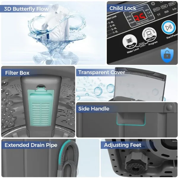 Nictemaw Portable Washing Machine, 17.8Lbs Capacity Full-Automatic Portable Washer, 2.4Cu.ft Washer and Dryer Combo