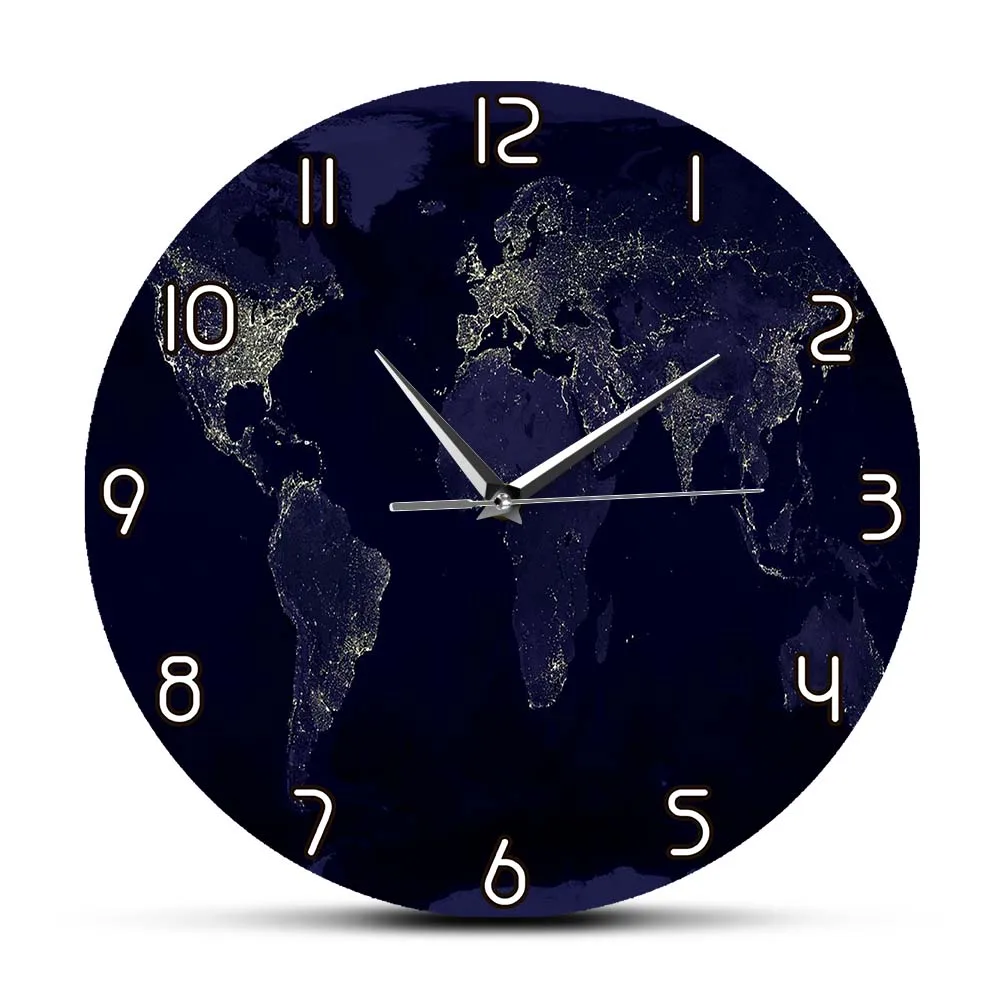 NightViewWorldMapWallClockForHomeOfficeDecorAbstractTravel