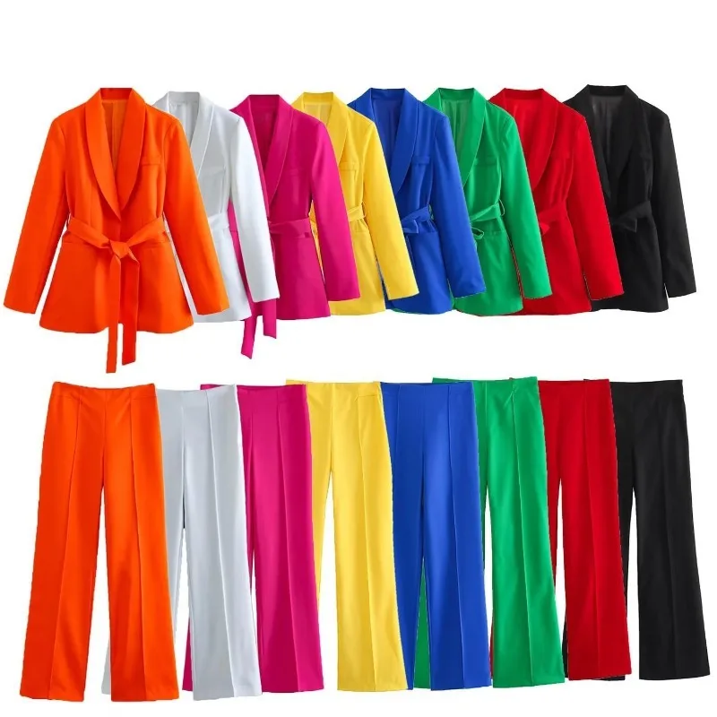 Women's Spring Pants Set 2 Piece Casual Belt Suit Coat+High Waist Pants Women's Elegant Street Two Piece Clothing Set 2023 New casual winter 3xl two piece set pullover sweater tracksuit lady solid high waist knit long pants women suit 2 piece set women