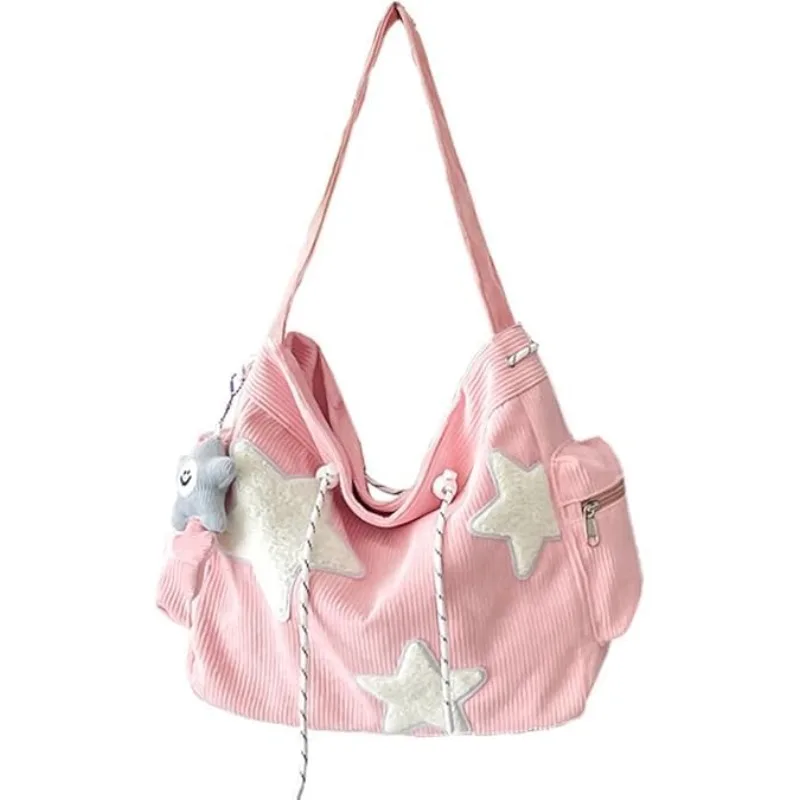 Corduroy Star Embroidery Crossbody Bag - Multi-Pocket Tote with Adjustable Strap, Cute Daily Purse for Women pink/white