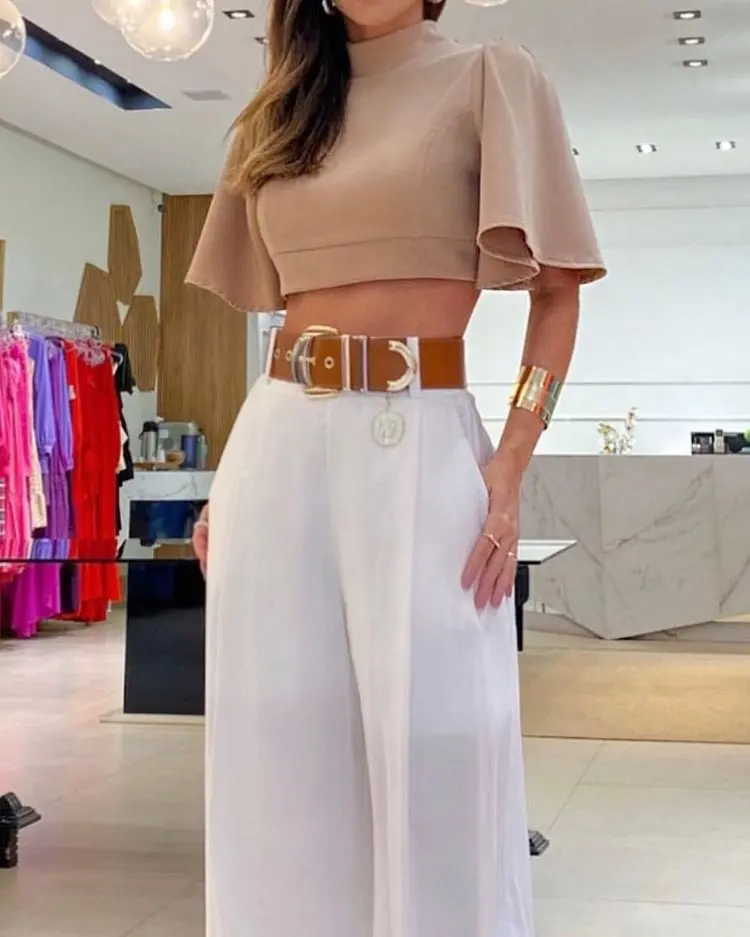 

Commuting 2 Piece Sets Women Outfit 2023 Summer New Fashion Mercerizing Solid Color Wide Leg High Waist Pants Sets