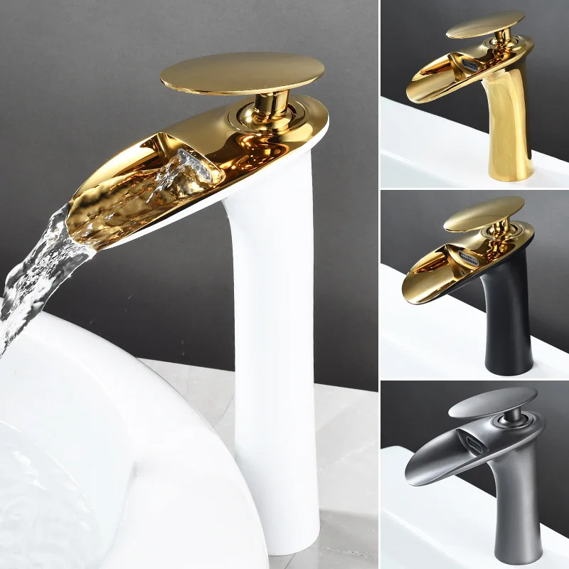 

Basin Faucet Bathroom Single Lever Hot and Cold Waterfall Sink Mixer Brass Gold and White Nickle Brushed Water Tap