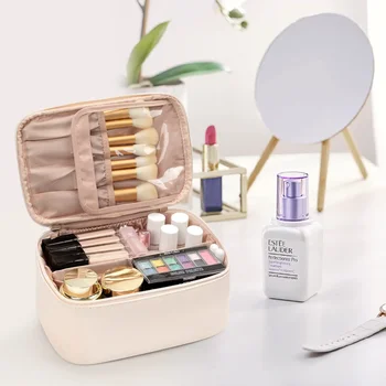 Borsa da Viaggio Portatile per Trucchi di Grande Capacità, Organizer Cosmetico con Scomparti, Valigetta Portatile in PU