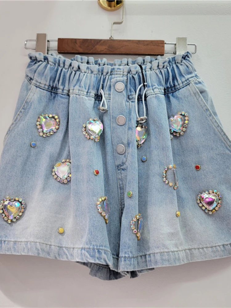Exquisite Rhinestone Beaded White Love High Waist Slimming Wide-Leg Denim Shorts Women 2024 Summer New Short Jeans Booty Shorts