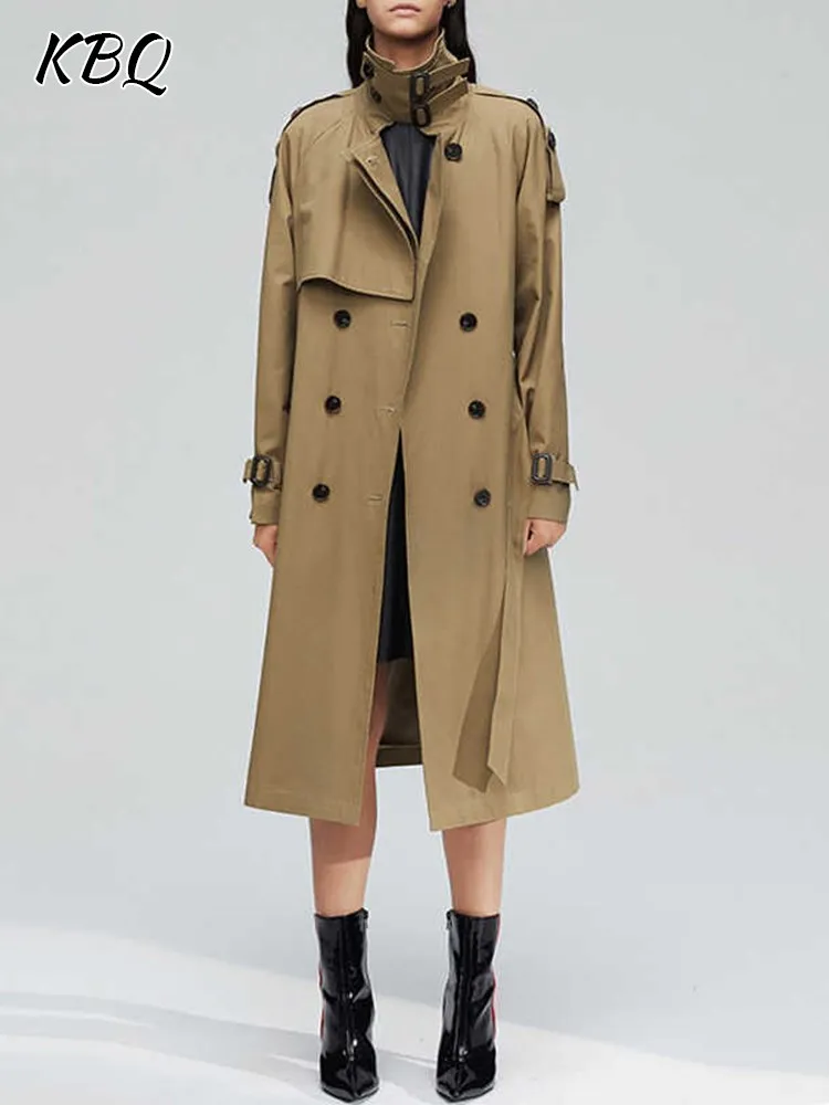 

KBQ Solid Spliced Belt Windbreakers For Women Stand Collar Long Sleeve High Waist Double Breasted Slimming Trench Female New