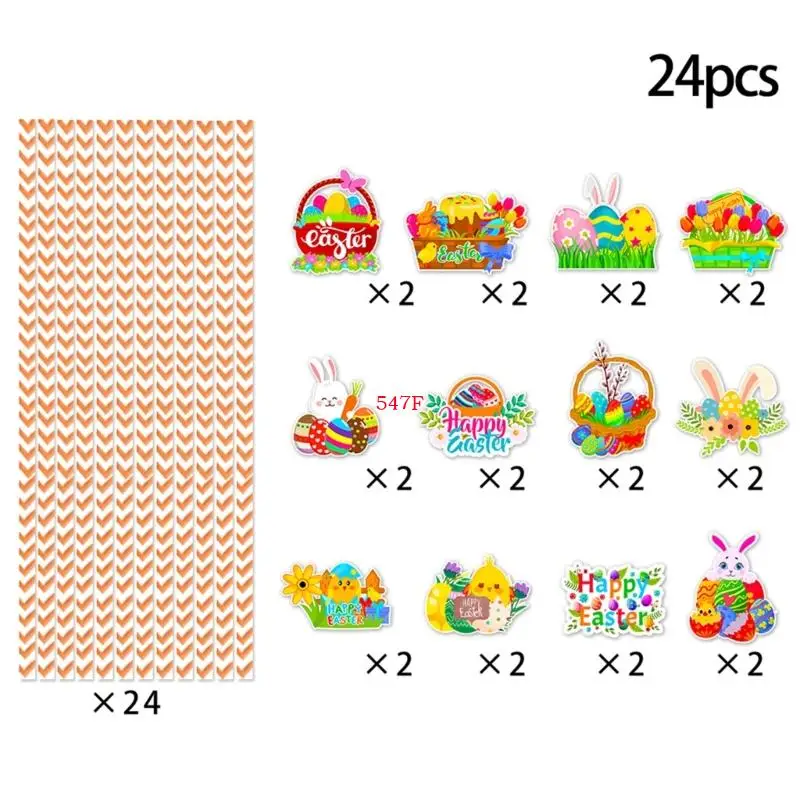 547F 24pcs Easters Themed Stripe Paper Straw for Picnics Eggs Rabbits Biodegradable Drinking Straw Birthday Party Supplies