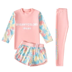 Kids Girls 3Pcs Colorful Print Swimsuit Sun Protection Rash Guard Long Sleeve Swim Top Shorts And Pants Swimwear Bathing Suit
