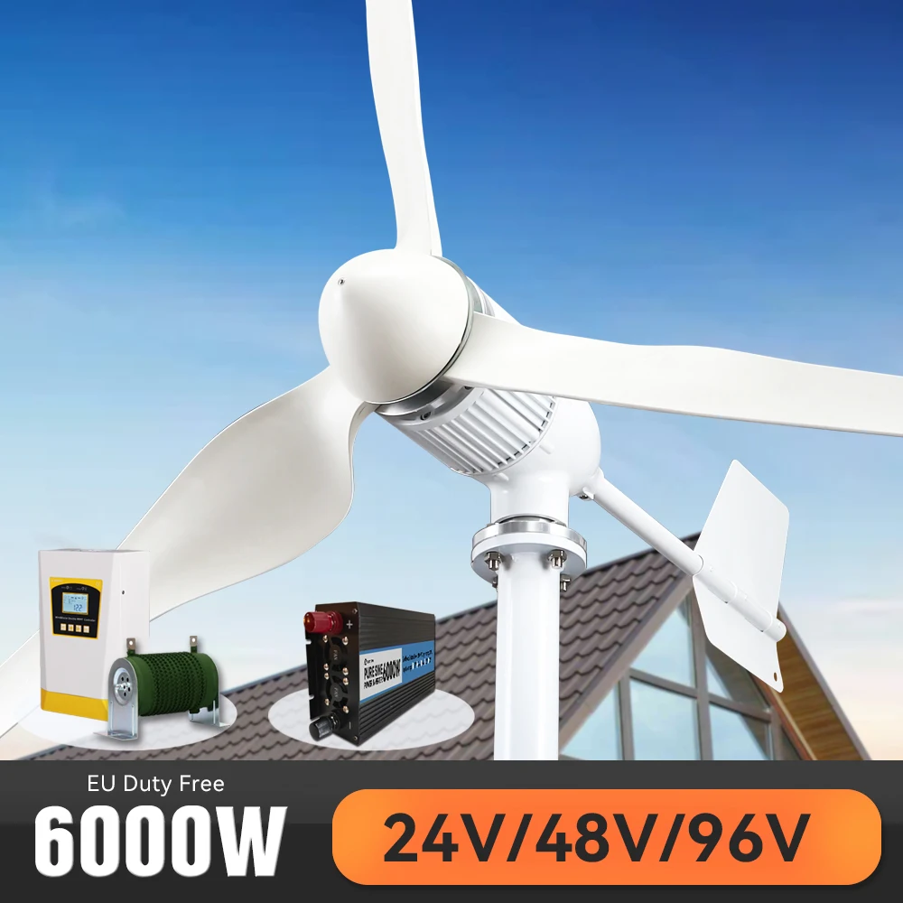 Eu Duty Free 6000W Wind Turbine Generator Power 4000W 48v 24v 12v 3 Blades With MPPT Hybrid Controller Windmills For PV Home Use