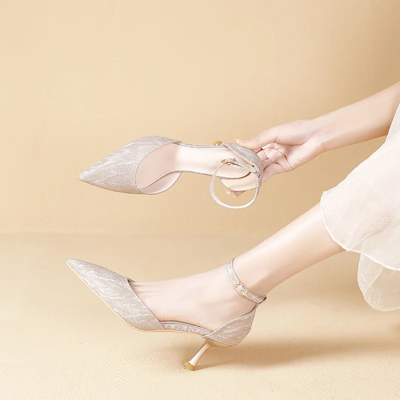 

Сандалии с закрытым носком, удобная обувь для женщин, летние туфли на каблуке-шпильке, Женский костюм с открытым носком, бежевые туфли на шпильке для девушек, 2024 г., Hig