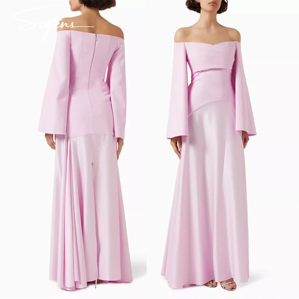 

Vintage Pink Satin Evening Dresses Off Shoulder Full Sleeve A Line Formal Event Modern Wedding Party Dress Long Vestidos De Gala