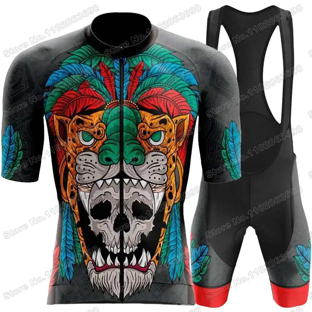 Calavera Corona Jaguar Plumas Cycling Jersey Set Men Cycling Clothing Summer Road Bike Shirt Suit Bicycle Bib Shorts MTB