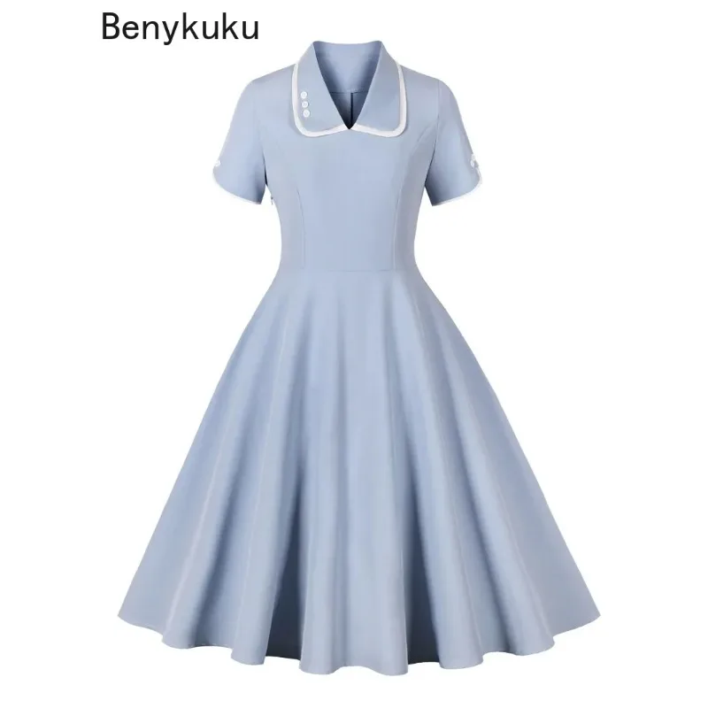 

Peter Pan Collar Vintage 50s Hepburn Solid Flare Dress Short Sleeve Women Party Wear Summer Clothes A-Line Elegant Swing Dresses