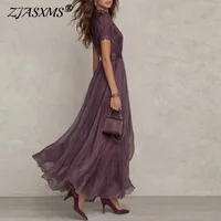 Spring Vintage Solid Lace A-Line Long Dress Women’s O Neck High Waist Pleated Party Dress Summer Short Sleeve Flowy Maxi Dresses