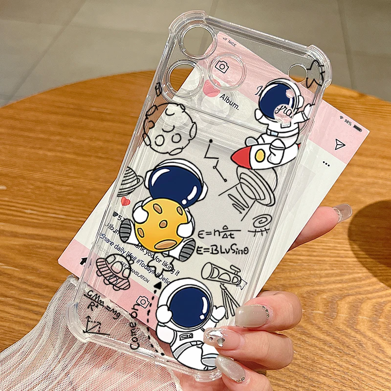 Astronaut Design Shockproof Clear TPU Phone Case with Card Slot Pocket