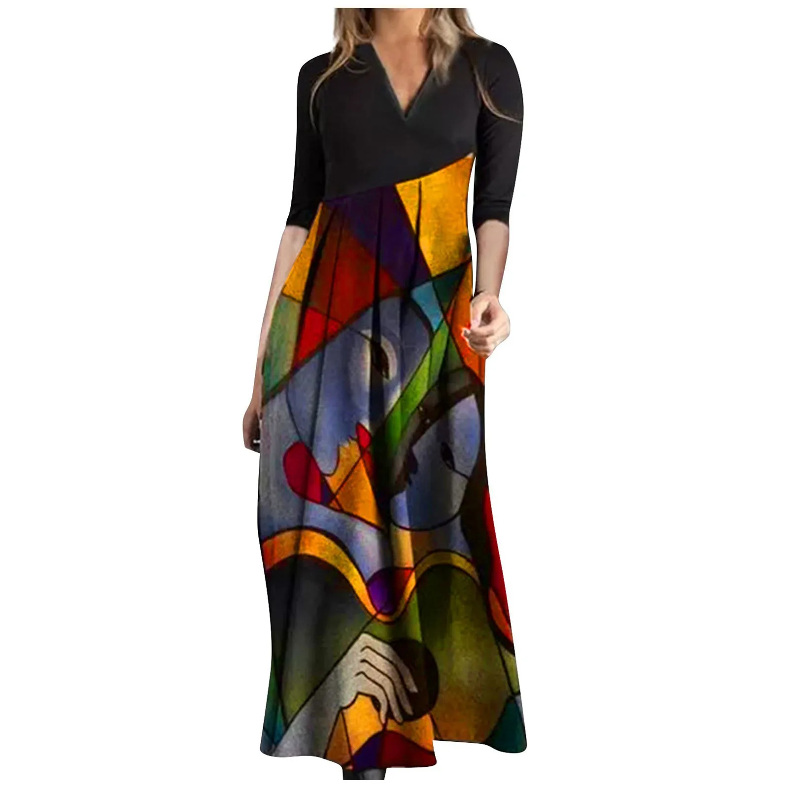 

Summer Vintage Print Elegant V-Neck Long Dress For Women A-Line Ruffles Short Sleeve High Waist Slim Boho Robe Office Vestidos