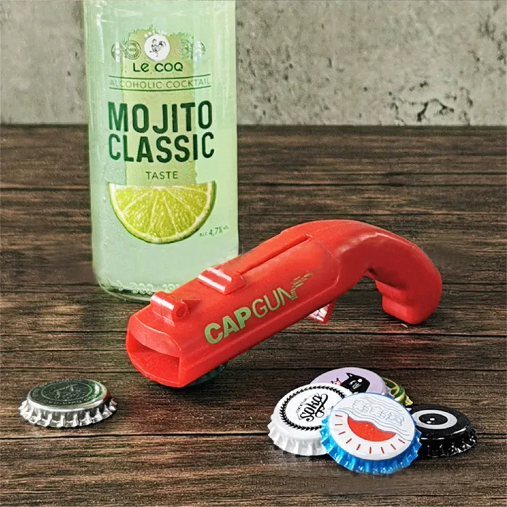 Description Picture 3 of itemCreative Can Opener Spring Cap Catapult Launcher Gun Shape Bar Tool Drink Opening Shooter Beer Bottle Opener Kitchen Gadget Set