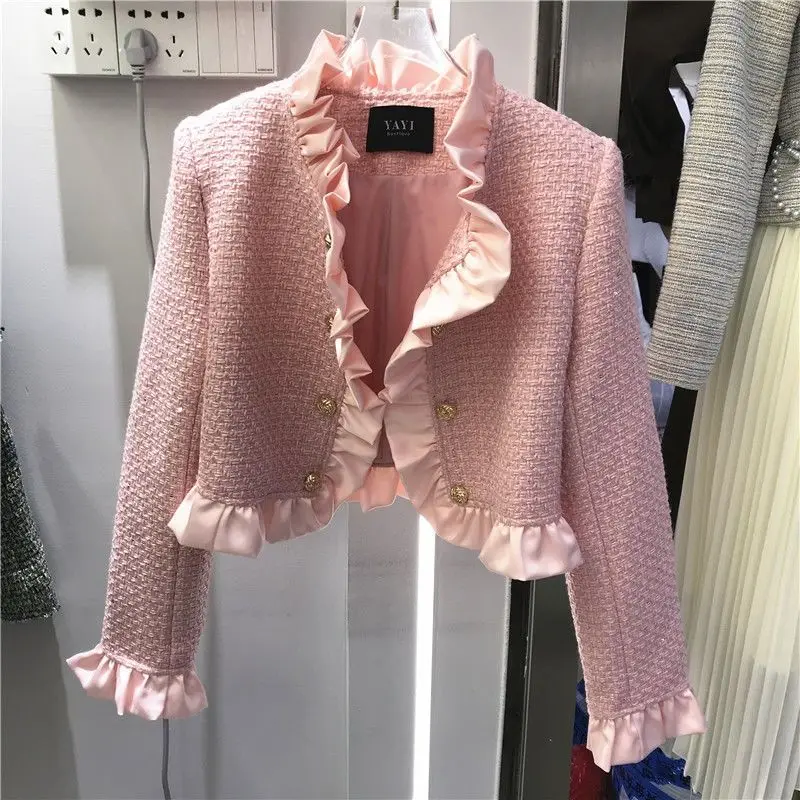 pleated wood ear edge tweed short coat for women in spring 2023 new double breasted woven woolen  harajuku fila woven short pants gnl