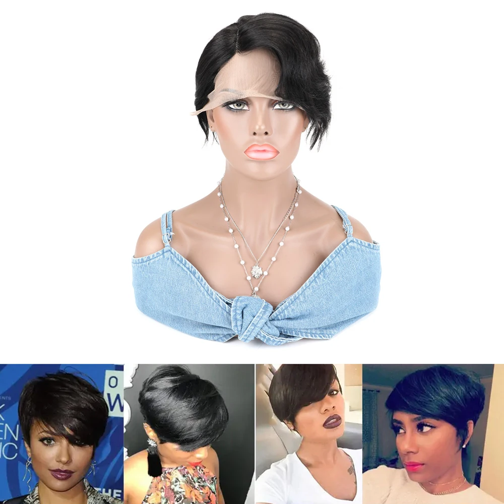 

Lace Front Human Hair Wigs Short Curly Human Hair Part Lace Frontal Wigs Pixie Cut Wig 8" Short Black Blonde Wine Red Human Hair