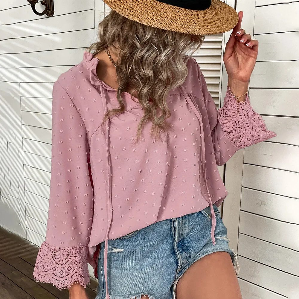

Women's Solid Color Loose Top Women's 2022 Summer Lace Stitching Shirt