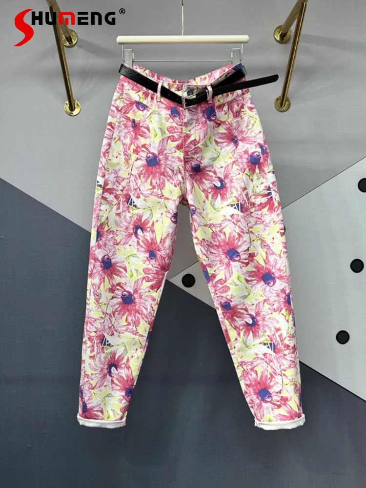 Fashionable Bright Color Printed Jeans Female 2023 Spring Autumn New High Waist Slimming Harem Trousers Women Clothing