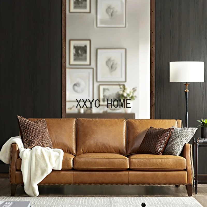 

American vintage French minimalist Nordic light luxury cowhide single double small living room leather sofa