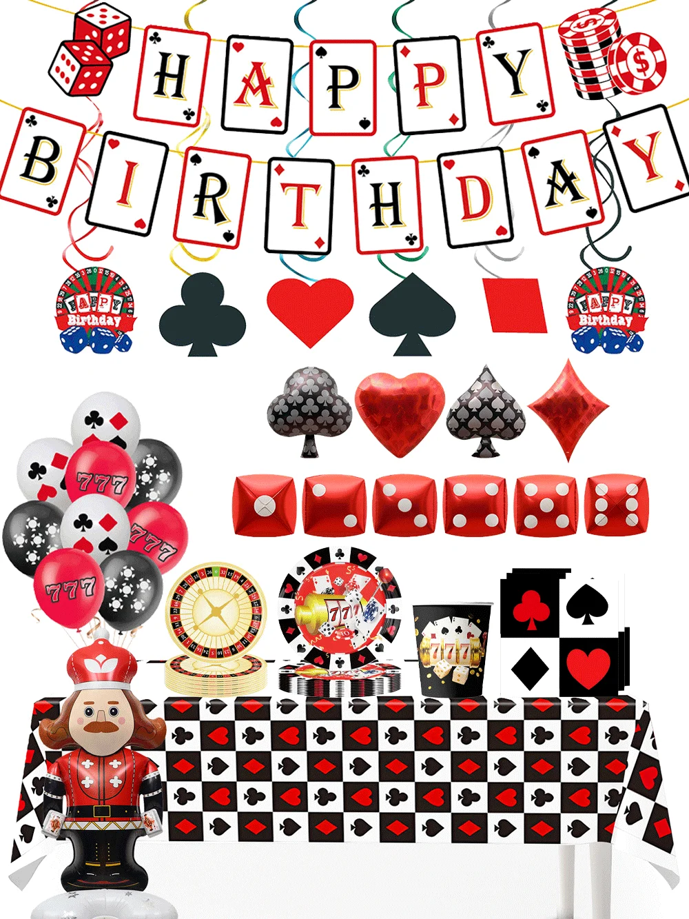 Las Vegas Partyzubehör, Spielautomat, Speiseteller, Bonus, Poker, Banner, Kuchendekoration, Würfel, Spaten, Ballon, Casino, Geburtstagsdekoration – Detail 1