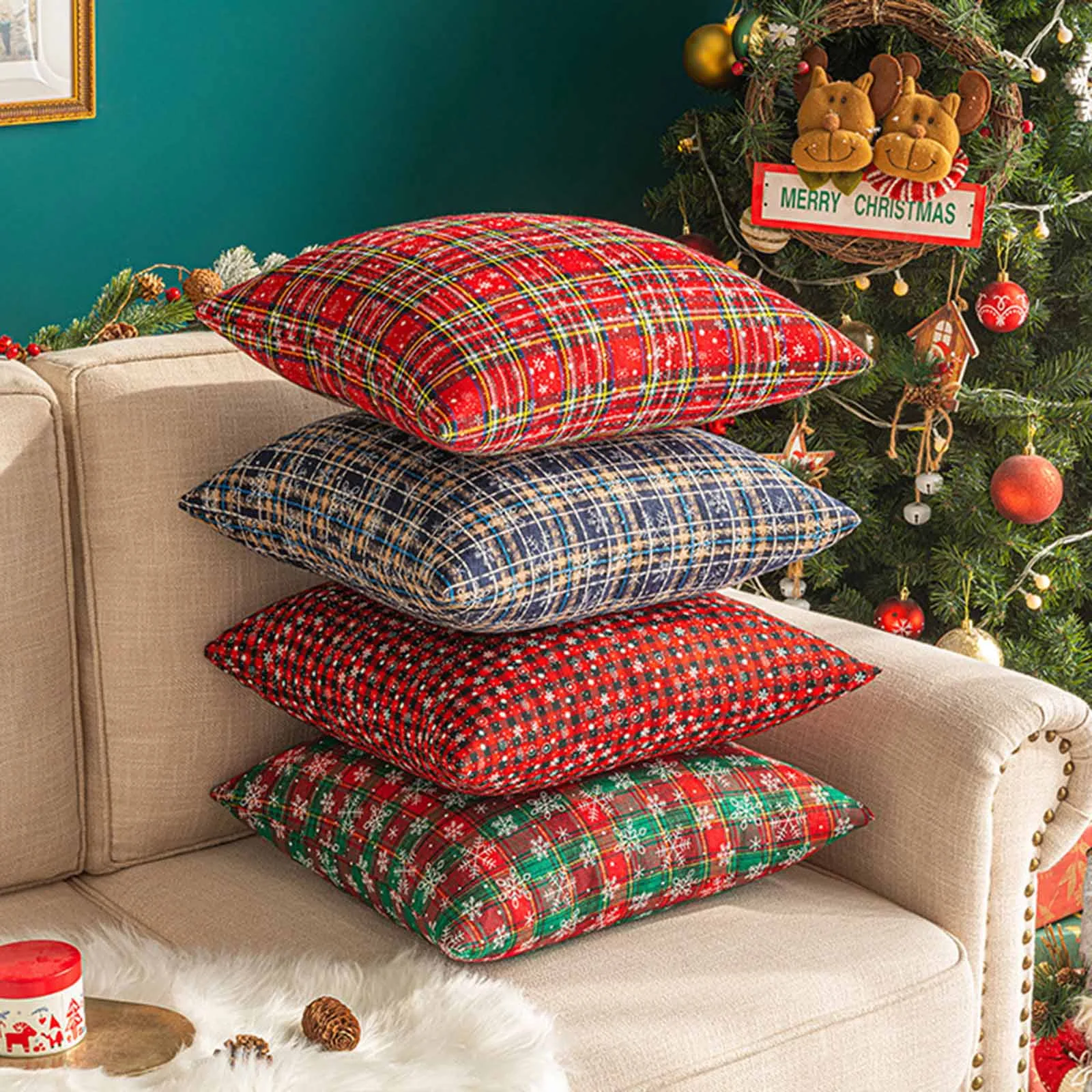 Red Plaid Christmas Pillow Cover