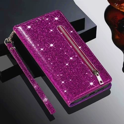 Glitter Zipper Wallet Phone Case with Kickstand, Strap, Card Pocket, and Bumper Protection for Note 11SE (Purple)
