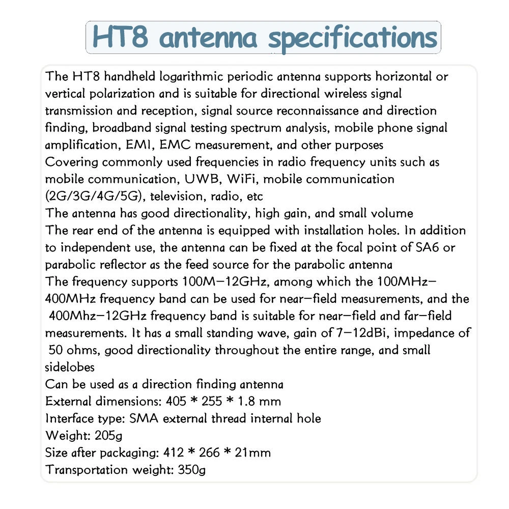 HTOOL HT8 Handheld Passive Log Periodic Antenna 0.1-12GHz,Direction Antenna for SA6 Analyzers,Highly Accurate,Gain 7~12dBi