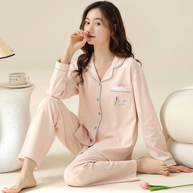 2024 New Pajamas Women's Spring Autumn Long Sleeved Pants V-neck Loungewear Cotton Sleepwear Cute Loose Homewear Two-piece Set