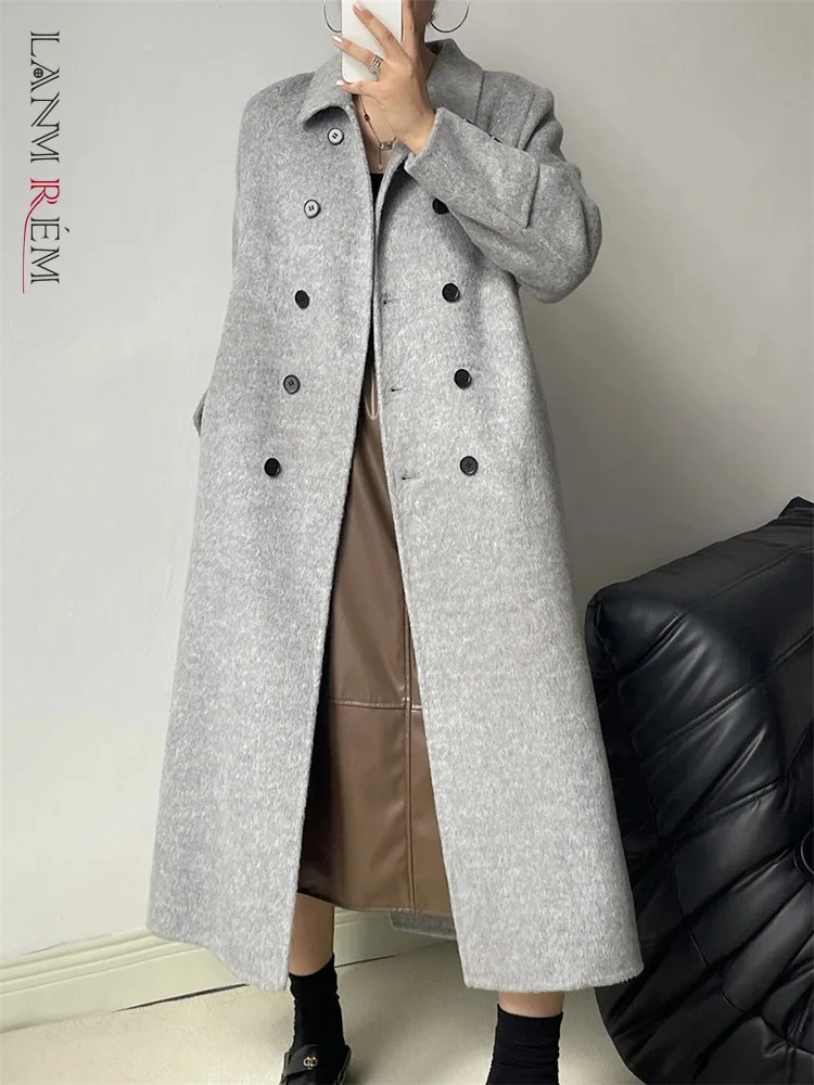 

[LANMREM] High Quality Double Breasted Wool Coats For Women Lapel Long Sleeve Thick Warm Female Outwear 2023 Winter New 26D6903