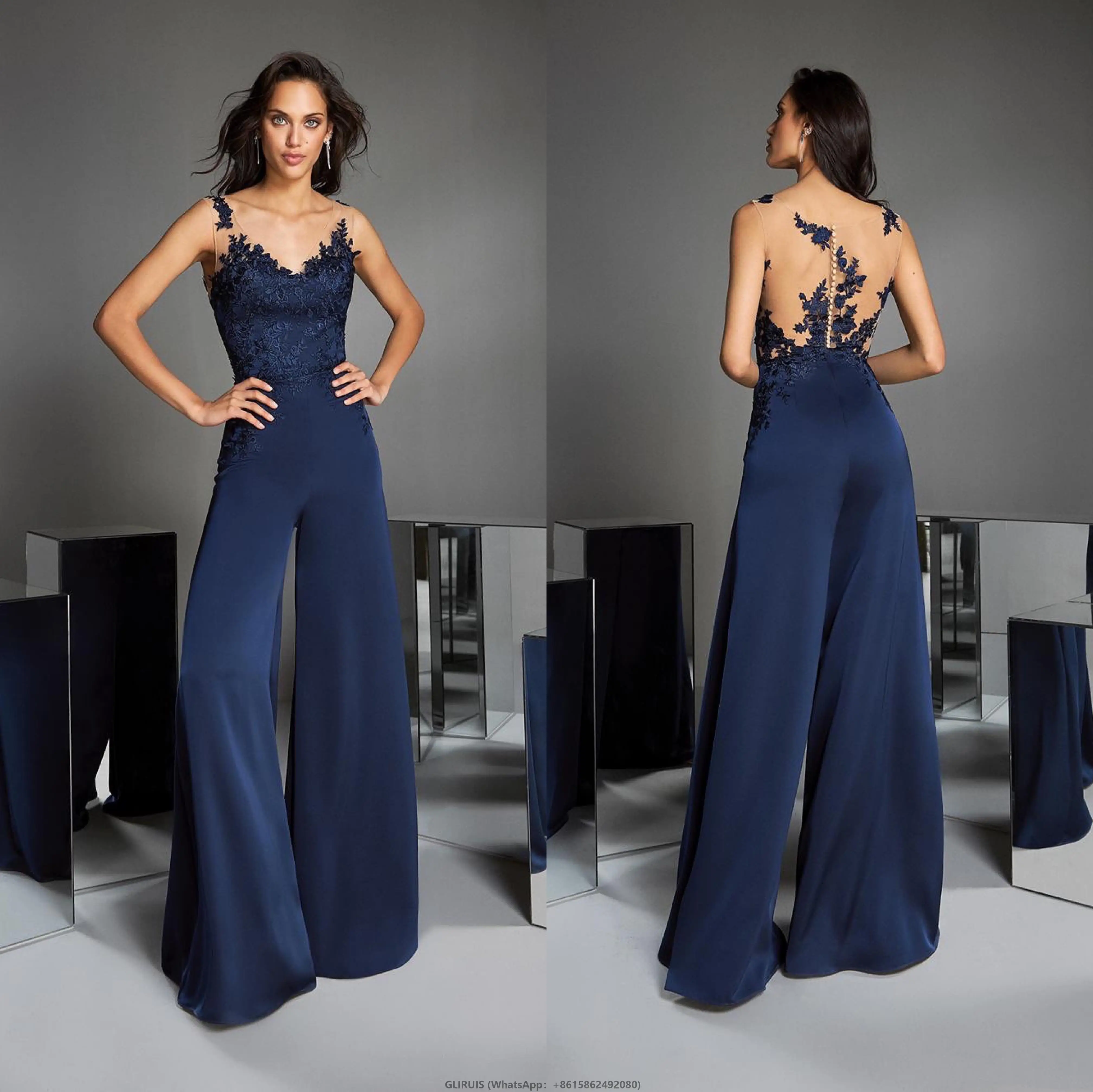 Navy-Blue-Jumpsuits-Prom-Dresses-Sleeveless-Pants-Suit-V-Neck-Lace ...